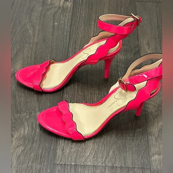 Jessica Simpson Pink Scallop Heels | Size 7M / 37 | Strappy Open Toe - Picture 5 of 12